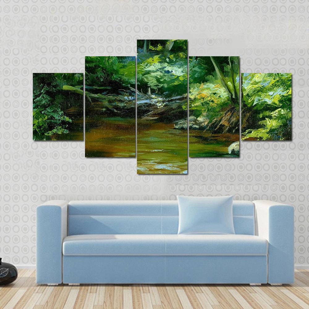 Rivulet In Thick Forest Canvas Wall Art-5 Star-Gallery Wrap-62" x 32"-Tiaracle