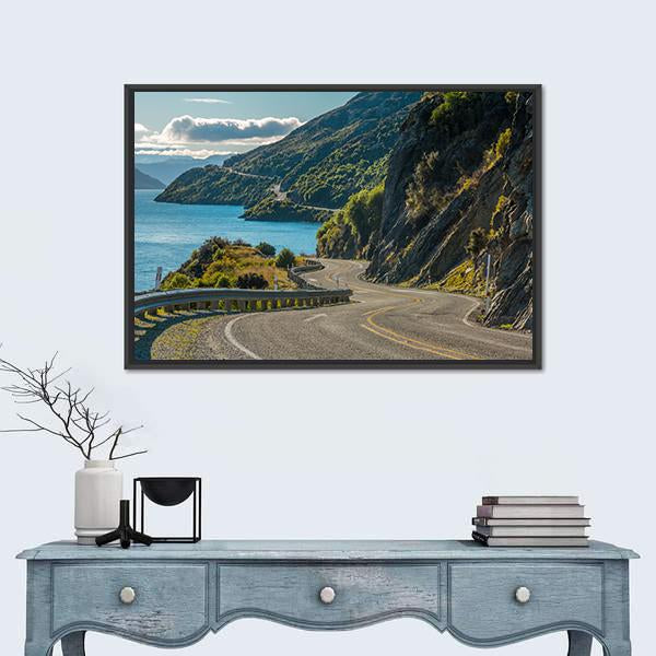 Road Along Lake Wakatipu In Queenstown Canvas Wall Art-1 Piece-Floating Frame-24" x 16"-Tiaracle