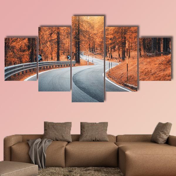 Road In Autumn Forest At Sunset Canvas Wall Art-5 Star-Gallery Wrap-62" x 32"-Tiaracle