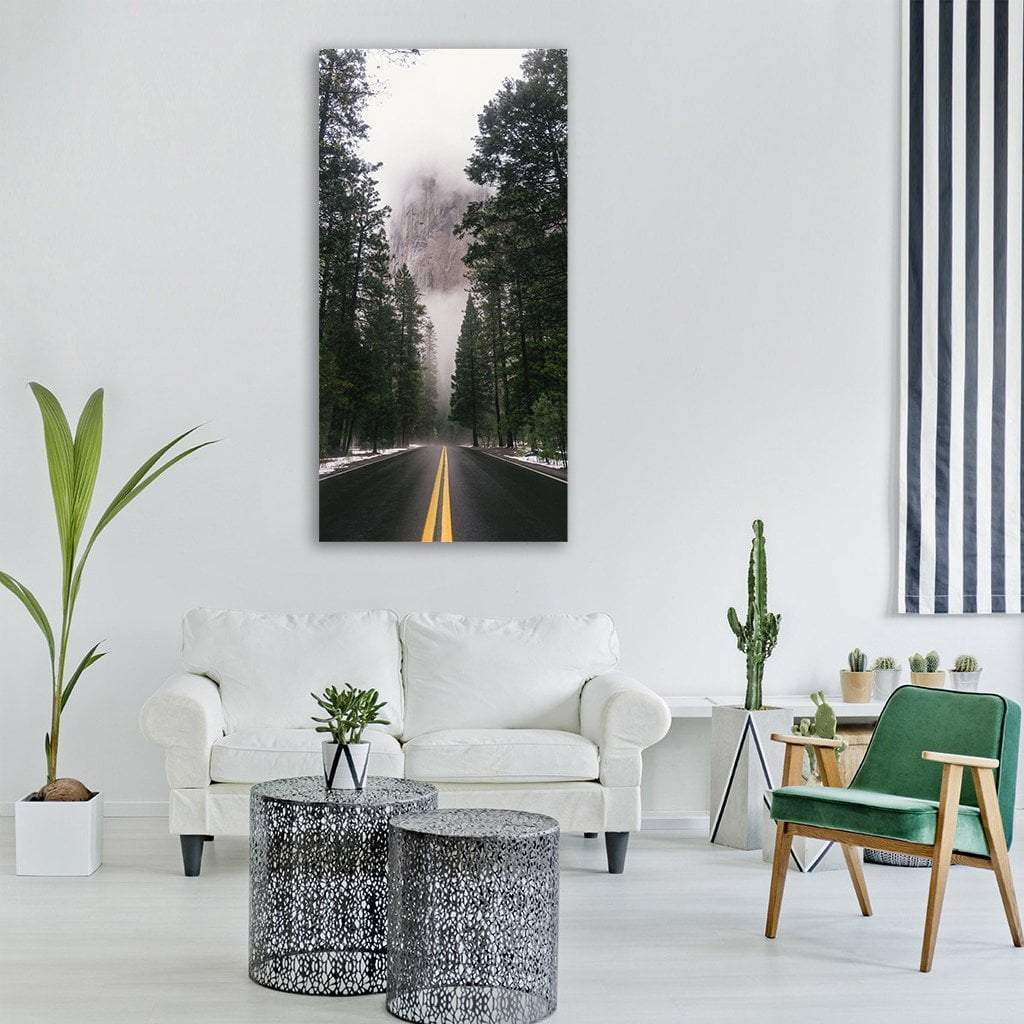 Road In Cold Foggy Forest Vertical Canvas Wall Art-1 Vertical-Gallery Wrap-12" x 24"-Tiaracle