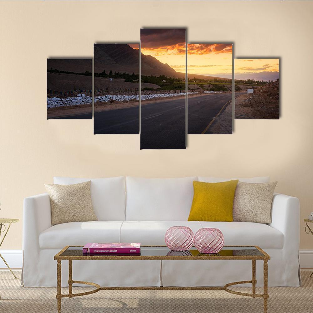Road In Ladakh At Sunset Canvas Wall Art-5 Star-Gallery Wrap-62" x 32"-Tiaracle