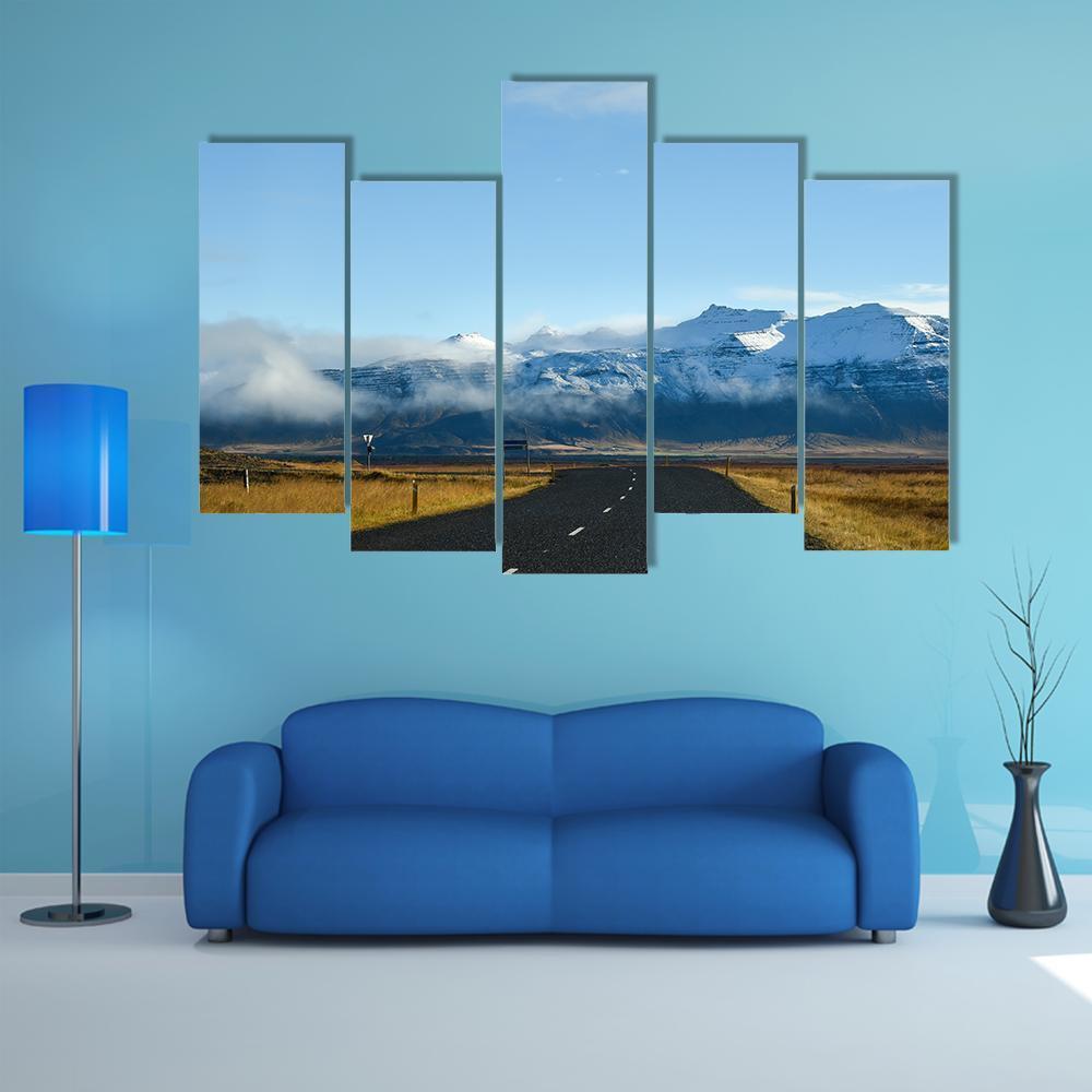 Road Leading To Snow Covered Mountains Canvas Wall Art-5 Pop-Gallery Wrap-47" x 32"-Tiaracle
