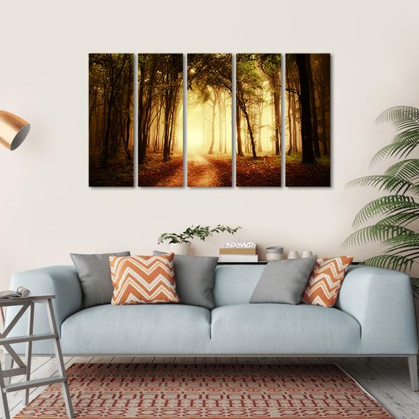 Road Through A Golden Forest At Autumn Canvas Wall Art-5 Horizontal-Gallery Wrap-22" x 12"-Tiaracle