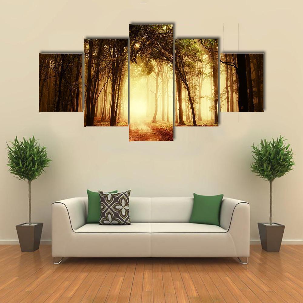 Road Through A Golden Forest At Autumn Canvas Wall Art-5 Star-Gallery Wrap-62" x 32"-Tiaracle