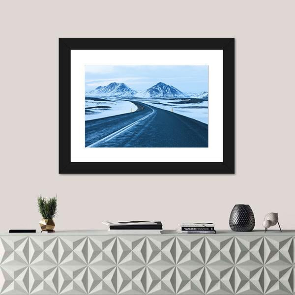 Road Through Snow Capped Mountains Canvas Wall Art-3 Horizontal-Gallery Wrap-25" x 16"-Tiaracle