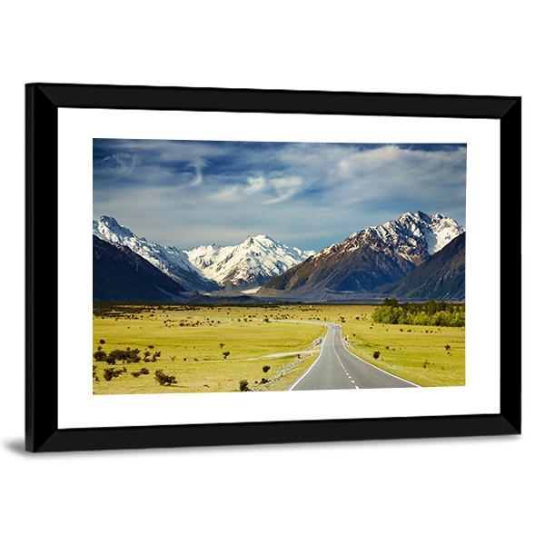 Road To Snowy Mountains Canvas Wall Art-3 Horizontal-Gallery Wrap-25" x 16"-Tiaracle
