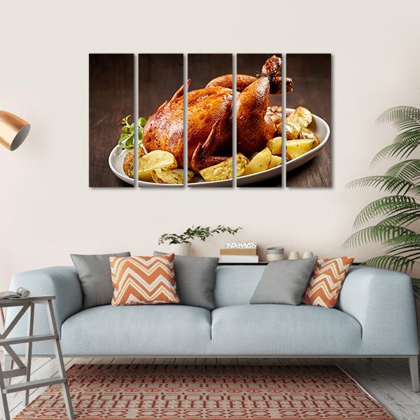 Roasted Chicken And Vegetables On Wooden Table Canvas Wall Art-5 Horizontal-Gallery Wrap-22" x 12"-Tiaracle