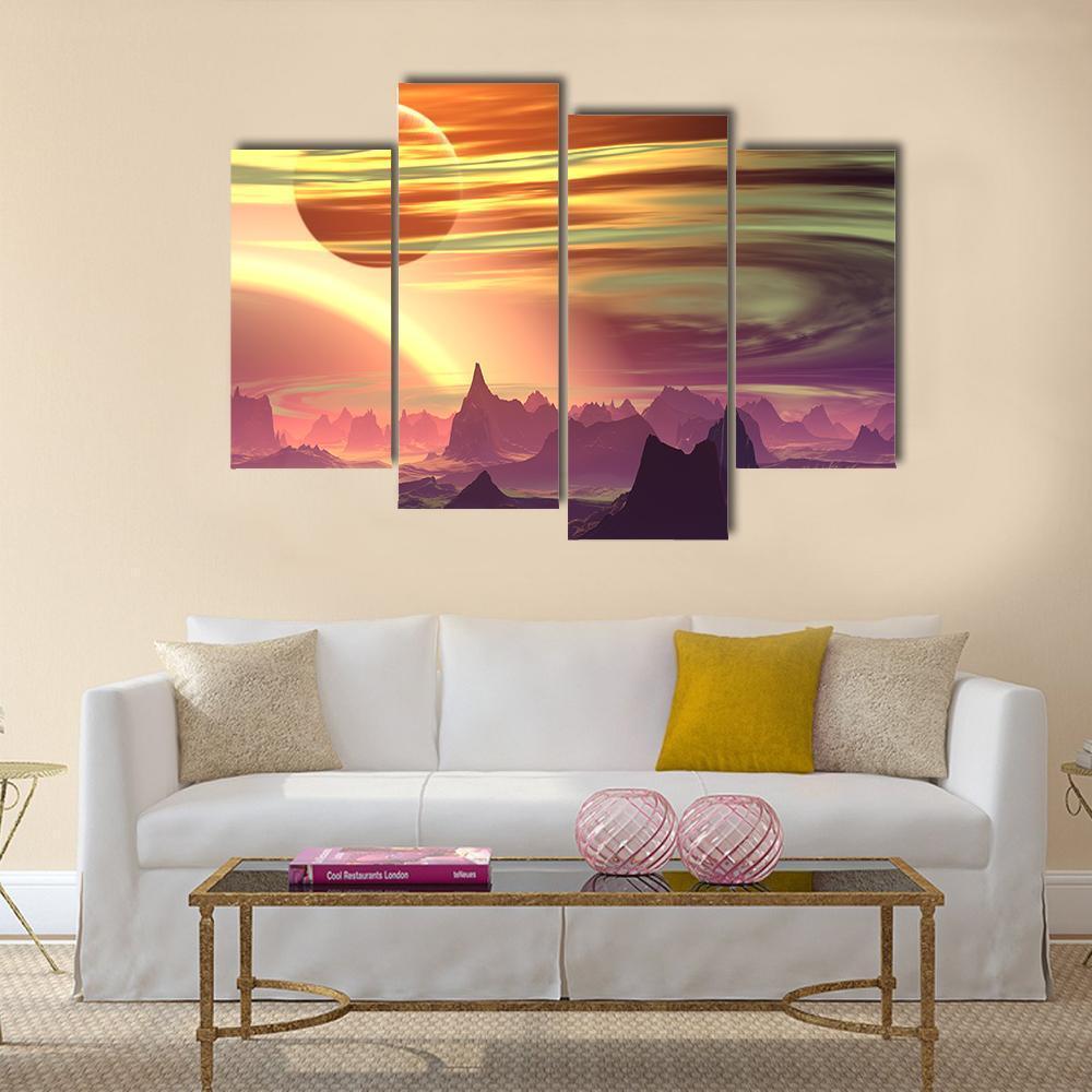 Rocks And Moon On Alien Planet Canvas Wall Art-4 Pop-Gallery Wrap-50" x 32"-Tiaracle