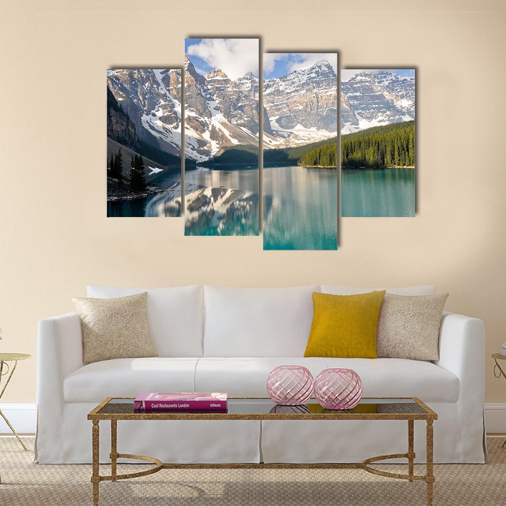 Rocky Mountain And Moraine Lake In Canada Canvas Wall Art-4 Pop-Gallery Wrap-50" x 32"-Tiaracle