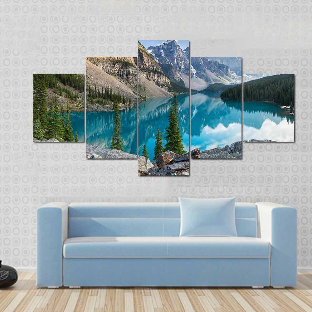Rocky Mountains With Moraine Lake In Canada Canvas Wall Art-5 Star-Gallery Wrap-62" x 32"-Tiaracle