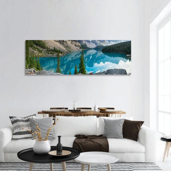 Rocky Mountains With Moraine Lake In Canada Panoramic Canvas Wall Art-1 Piece-36" x 12"-Tiaracle