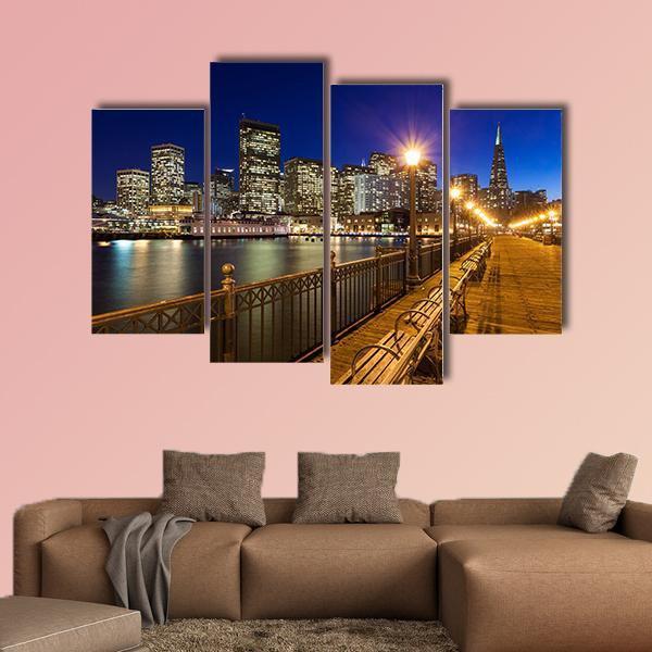 Romantic View Of San Francisco At Night From Pier 7 Canvas Wall Art-4 Pop-Gallery Wrap-50" x 32"-Tiaracle