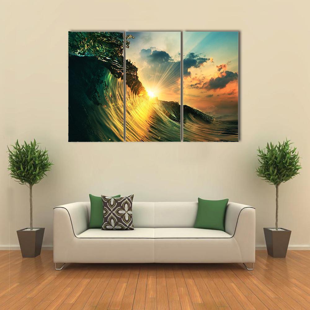 Rough Colored Ocean wave At Sunset Time Canvas Wall Art-3 Horizontal-Gallery Wrap-37" x 24"-Tiaracle