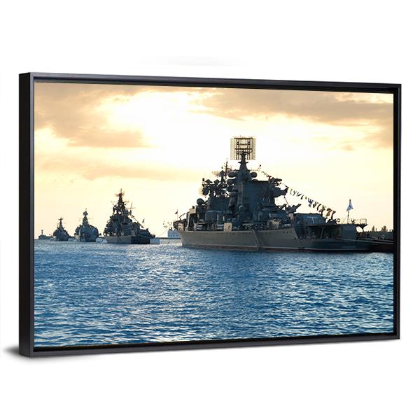 Row Of Military Ships Against Marine Sunset Canvas Wall Art-3 Horizontal-Gallery Wrap-25" x 16"-Tiaracle