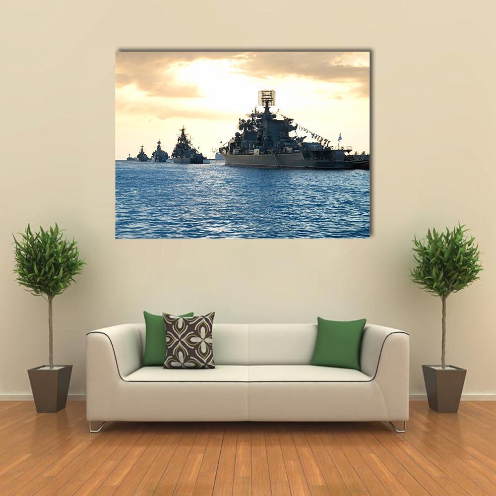 Row Of Military Ships Against Marine Sunset Canvas Wall Art-1 Piece-Gallery Wrap-48" x 32"-Tiaracle