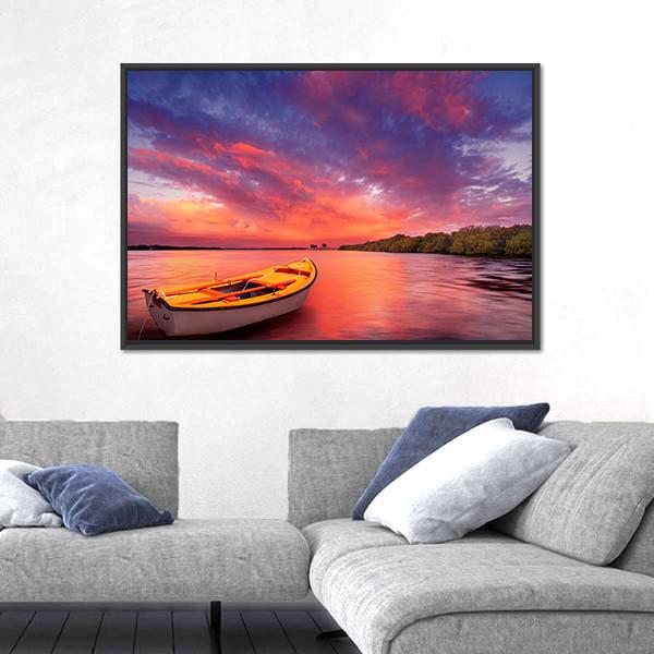 Rowboat At Sunset In Lake Canvas Wall Art-3 Horizontal-Gallery Wrap-25" x 16"-Tiaracle