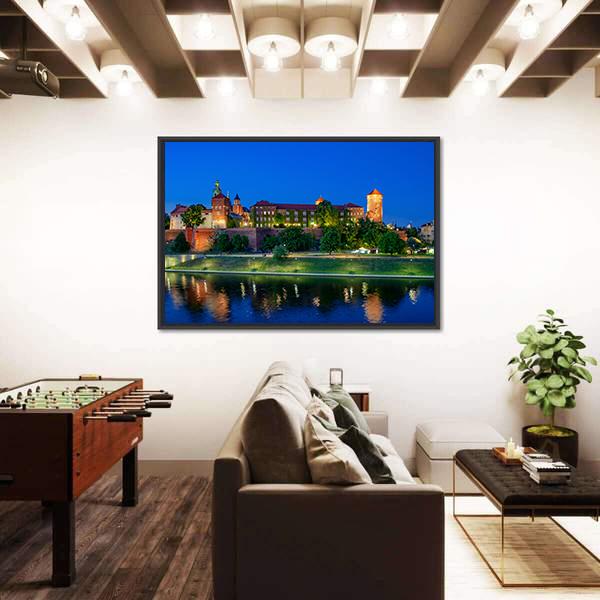 Royal Wawel Castle At Night With Vistula River Canvas Wall Art-3 Horizontal-Gallery Wrap-25" x 16"-Tiaracle