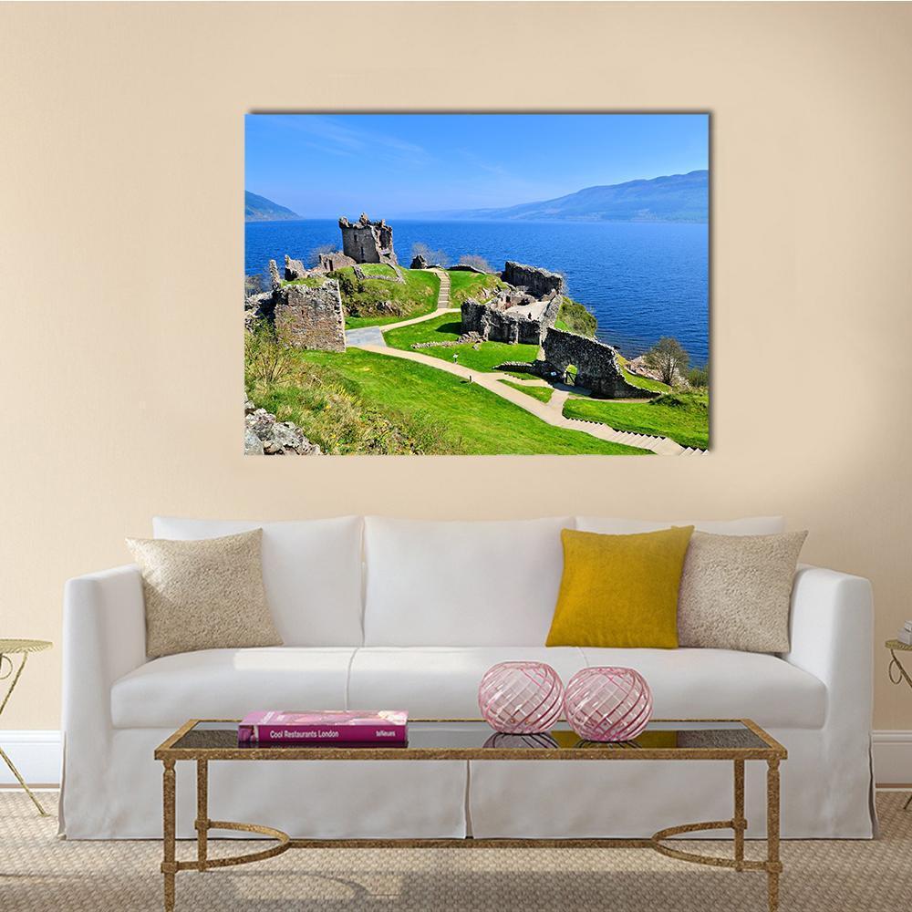 Ruins Of Urquhart Castle Along Loch Ness Canvas Wall Art-1 Piece-Gallery Wrap-48" x 32"-Tiaracle
