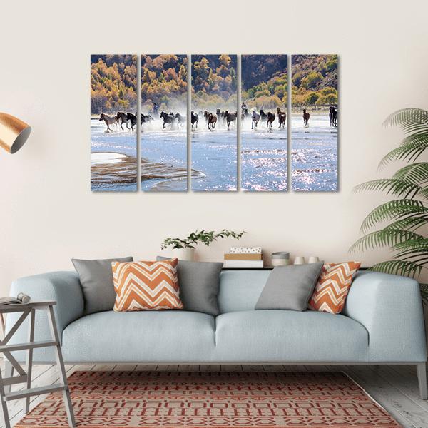 Running Horses In Mongolia Canvas Wall Art-5 Horizontal-Gallery Wrap-22" x 12"-Tiaracle