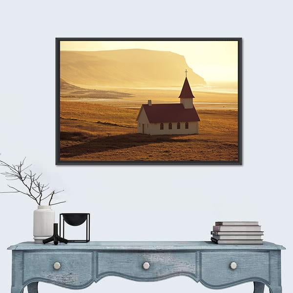Rural Icelandic Church At Sea Coastline Canvas Wall Art-1 Piece-Floating Frame-24" x 16"-Tiaracle