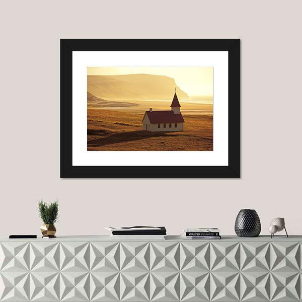 Rural Icelandic Church At Sea Coastline Canvas Wall Art-1 Piece-Framed Print-20" x 16"-Tiaracle