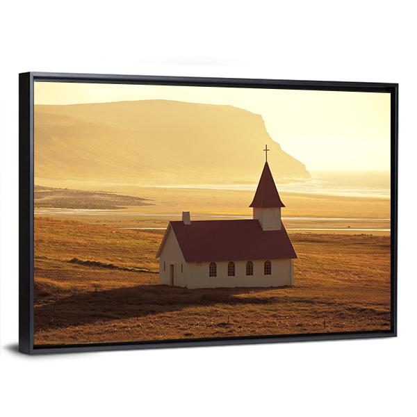 Rural Icelandic Church At Sea Coastline Canvas Wall Art-3 Horizontal-Gallery Wrap-25" x 16"-Tiaracle