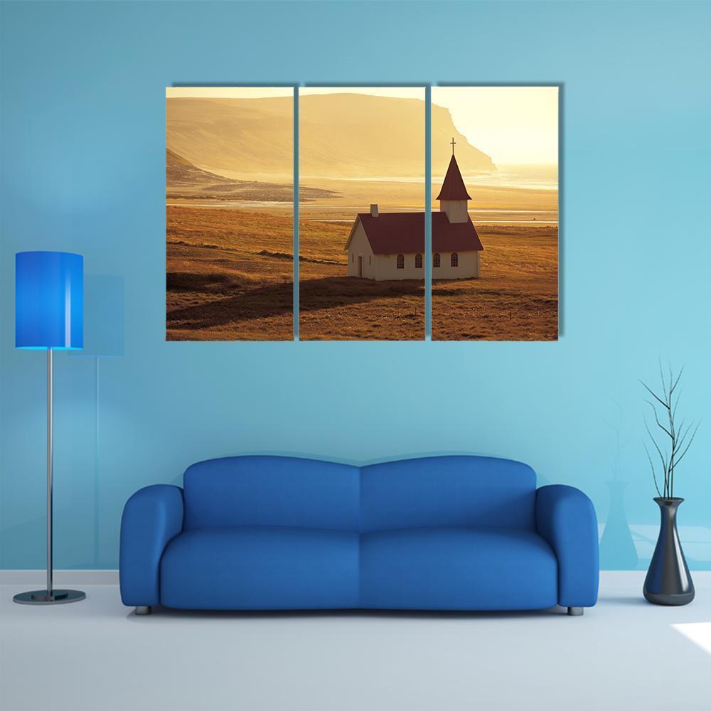 Rural Icelandic Church At Sea Coastline Canvas Wall Art-3 Horizontal-Gallery Wrap-37" x 24"-Tiaracle
