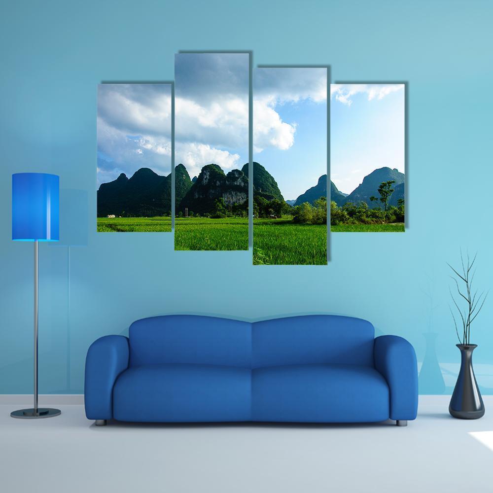 Rural Scenery In Summer With Karst Mountains Canvas Wall Art-4 Pop-Gallery Wrap-50" x 32"-Tiaracle