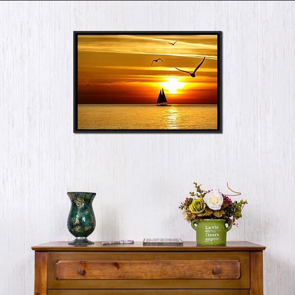Sail Boat At Sea Sunset Canvas Wall Art-1 Piece-Floating Frame-24" x 16"-Tiaracle