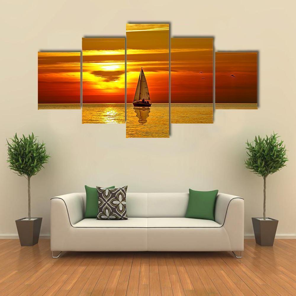 Sailboat At Sunset Canvas Wall Art-5 Star-Gallery Wrap-62" x 32"-Tiaracle