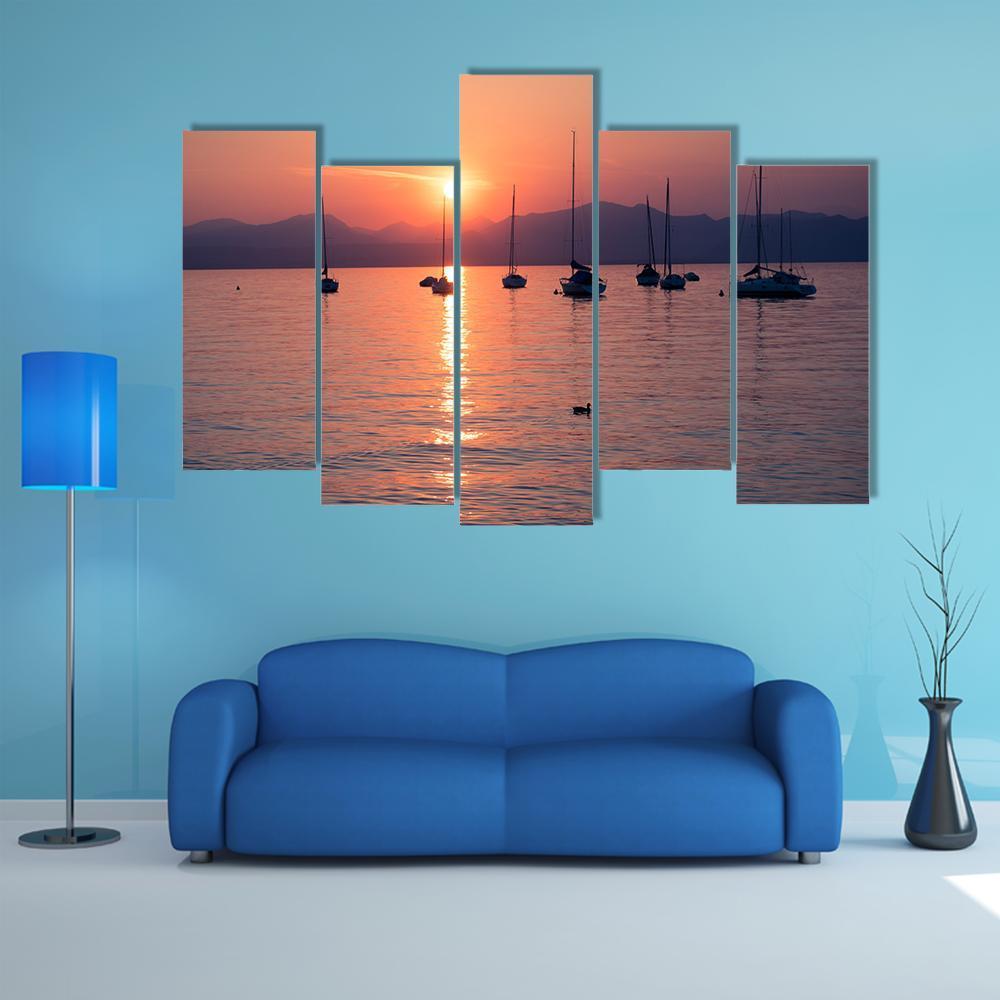 Sailboats Moored In Lake Garda Canvas Wall Art-5 Pop-Gallery Wrap-47" x 32"-Tiaracle