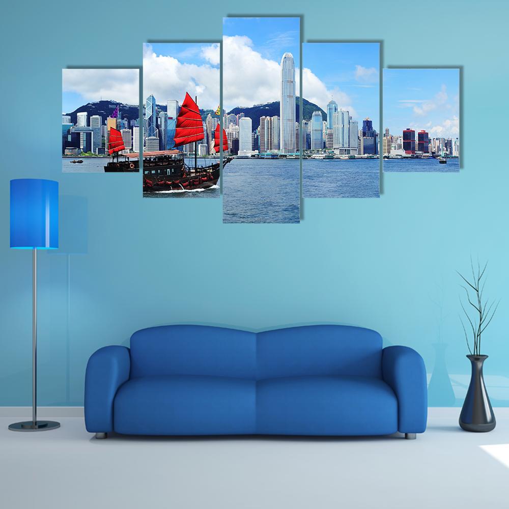 Sailing Boat In Hong Kong Harbour Canvas Wall Art-5 Pop-Gallery Wrap-47" x 32"-Tiaracle