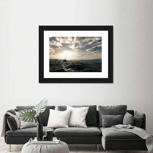 Sailing Boat In Storm Panoramic Canvas Wall Art-1 Piece-36" x 12"-Tiaracle