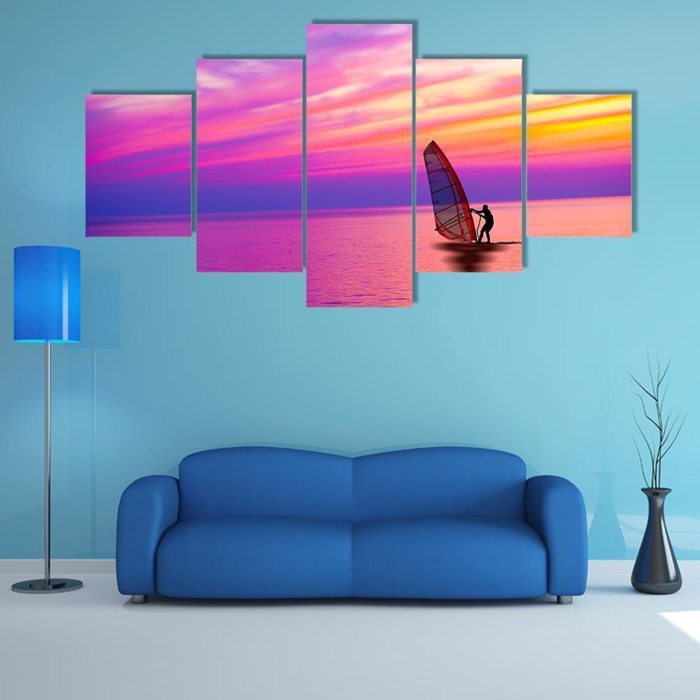 Sailing Boat On The Sunset Canvas Wall Art-5 Star-Gallery Wrap-62" x 32"-Tiaracle