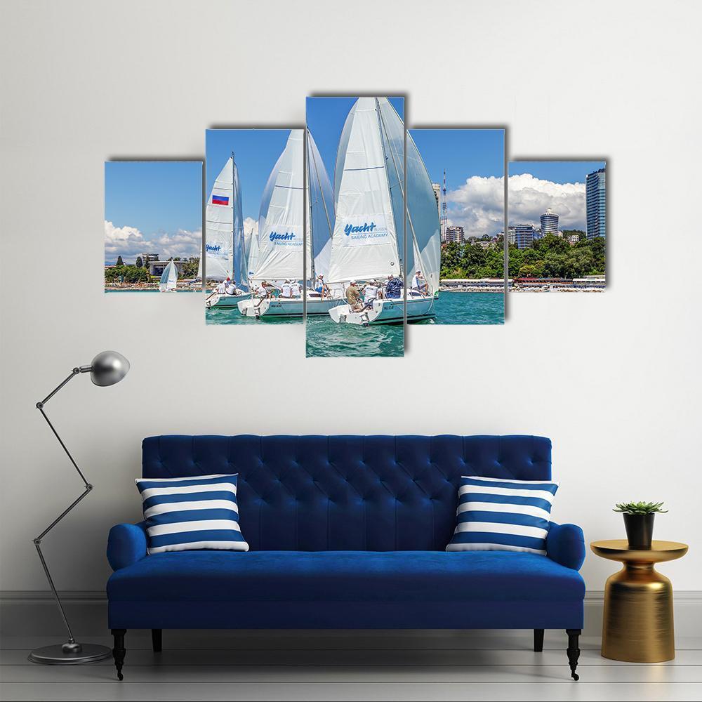 Sailing Regatta On Sochi City Canvas Wall Art-5 Star-Gallery Wrap-62" x 32"-Tiaracle
