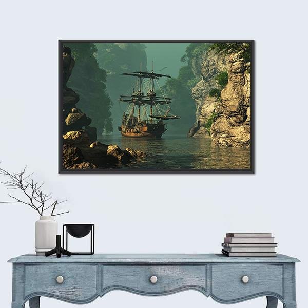 Sailing Ship In Rocks Canvas Wall Art-1 Piece-Floating Frame-24" x 16"-Tiaracle