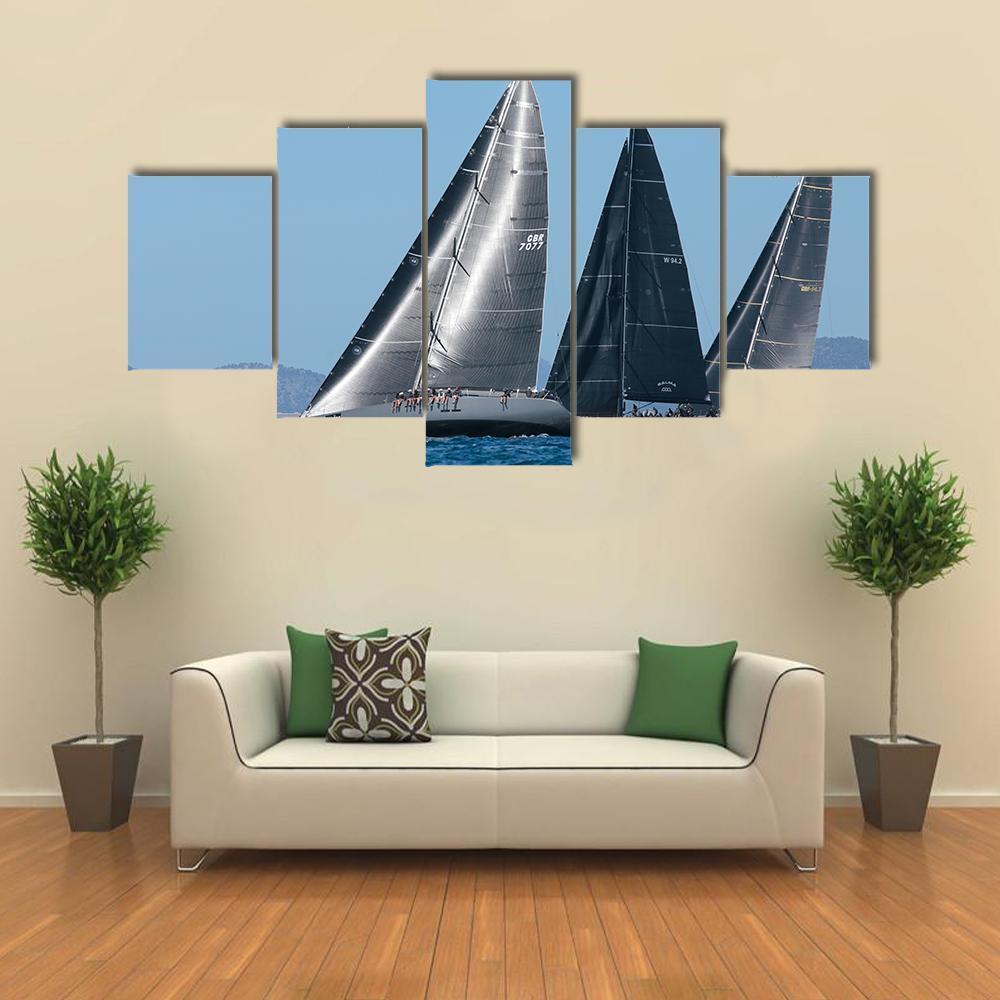 Sailing Ships Race In Mallorca Canvas Wall Art-5 Star-Gallery Wrap-62" x 32"-Tiaracle