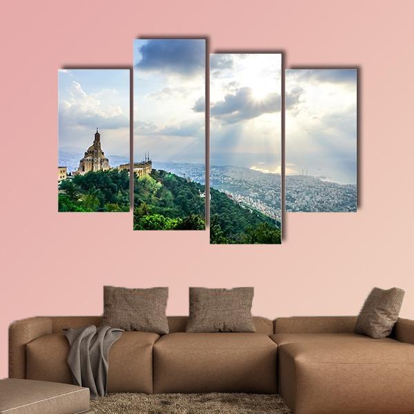Saint Paul Basilica Jounieh Landscape At Sunset Canvas Wall Art-4 Pop-Gallery Wrap-50" x 32"-Tiaracle