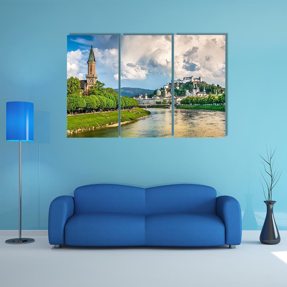 Salzburg Cityscape With Salzach River Canvas Wall Art-3 Horizontal-Gallery Wrap-37" x 24"-Tiaracle