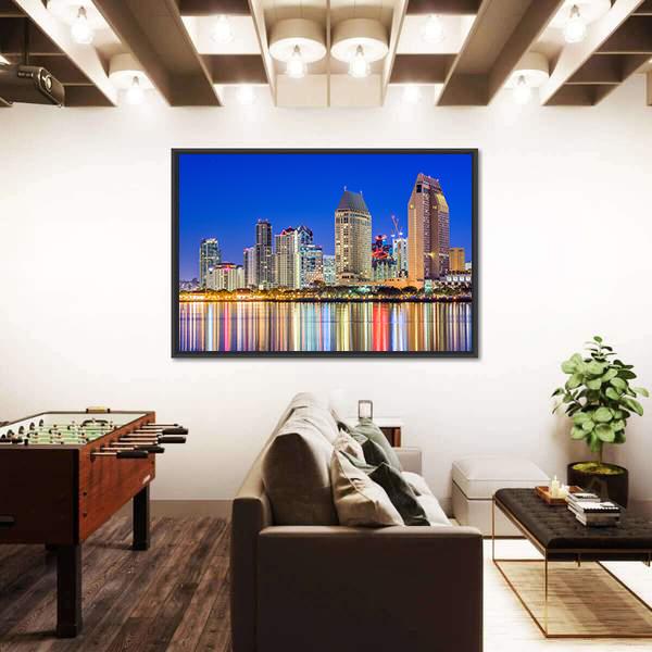 San Diego Downtown Cityscape At Night Canvas Wall Art-3 Horizontal-Gallery Wrap-25" x 16"-Tiaracle