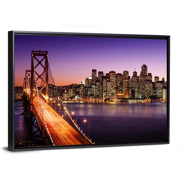 San Francisco Skyline And Bay Bridge At Sunset Canvas Wall Art-3 Horizontal-Gallery Wrap-25" x 16"-Tiaracle