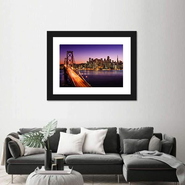 San Francisco Skyline And Bay Bridge At Sunset Canvas Wall Art-1 Piece-Framed Print-20" x 16"-Tiaracle