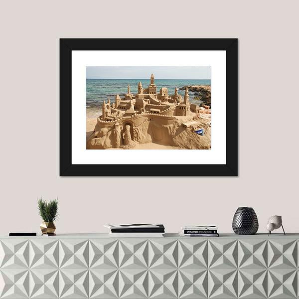 Sandcastle On Mediterranean Beach Canvas Wall Art-1 Piece-Framed Print-20" x 16"-Tiaracle