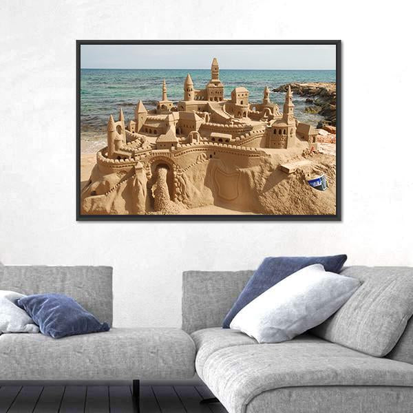 Sandcastle On Mediterranean Beach Canvas Wall Art-3 Horizontal-Gallery Wrap-25" x 16"-Tiaracle