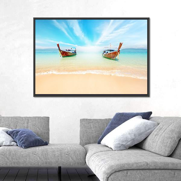 Sandy Beach And Travel Boats Canvas Wall Art-1 Piece-Floating Frame-24" x 16"-Tiaracle