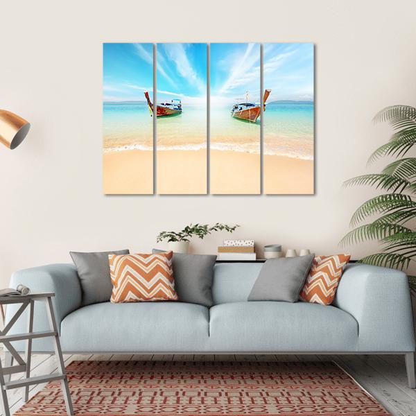 Sandy Beach And Travel Boats Canvas Wall Art-4 Horizontal-Gallery Wrap-34" x 24"-Tiaracle