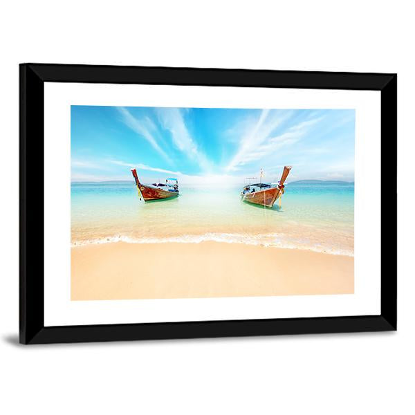 Sandy Beach And Travel Boats Canvas Wall Art-5 Horizontal-Gallery Wrap-22" x 12"-Tiaracle