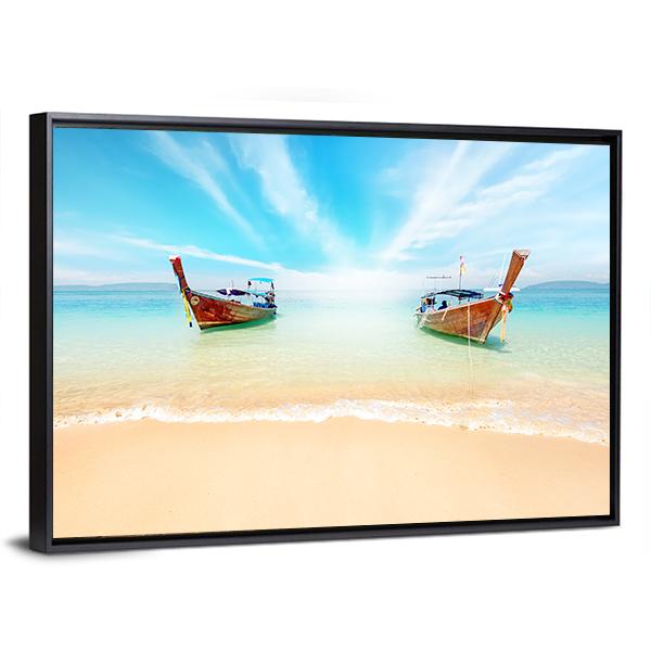 Sandy Beach And Travel Boats Canvas Wall Art-5 Horizontal-Gallery Wrap-22" x 12"-Tiaracle