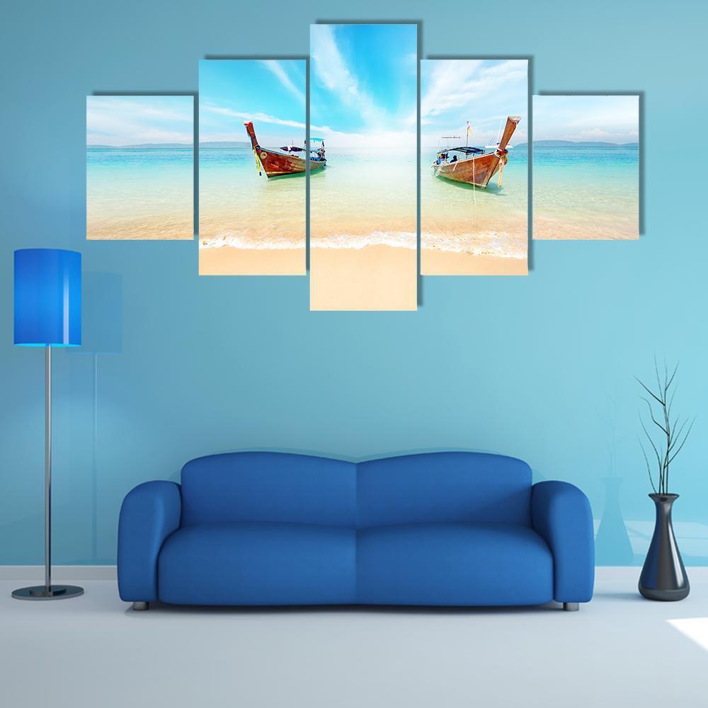 Sandy Beach And Travel Boats Canvas Wall Art-5 Star-Gallery Wrap-62" x 32"-Tiaracle