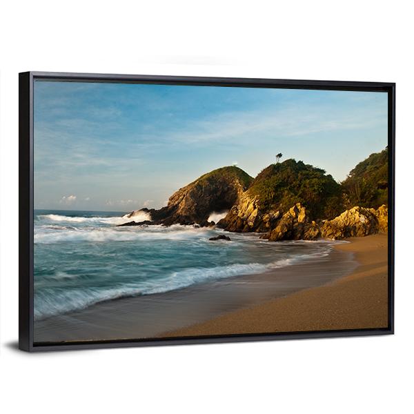 Sandy Beach With Rocks At Sunrise Canvas Wall Art-3 Horizontal-Gallery Wrap-25" x 16"-Tiaracle